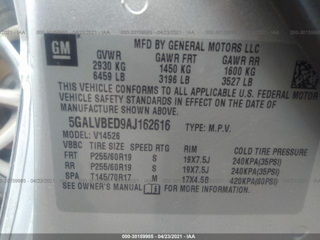 Photo 8 VIN: 5GALVBED9AJ162616 - BUICK ENCLAVE 