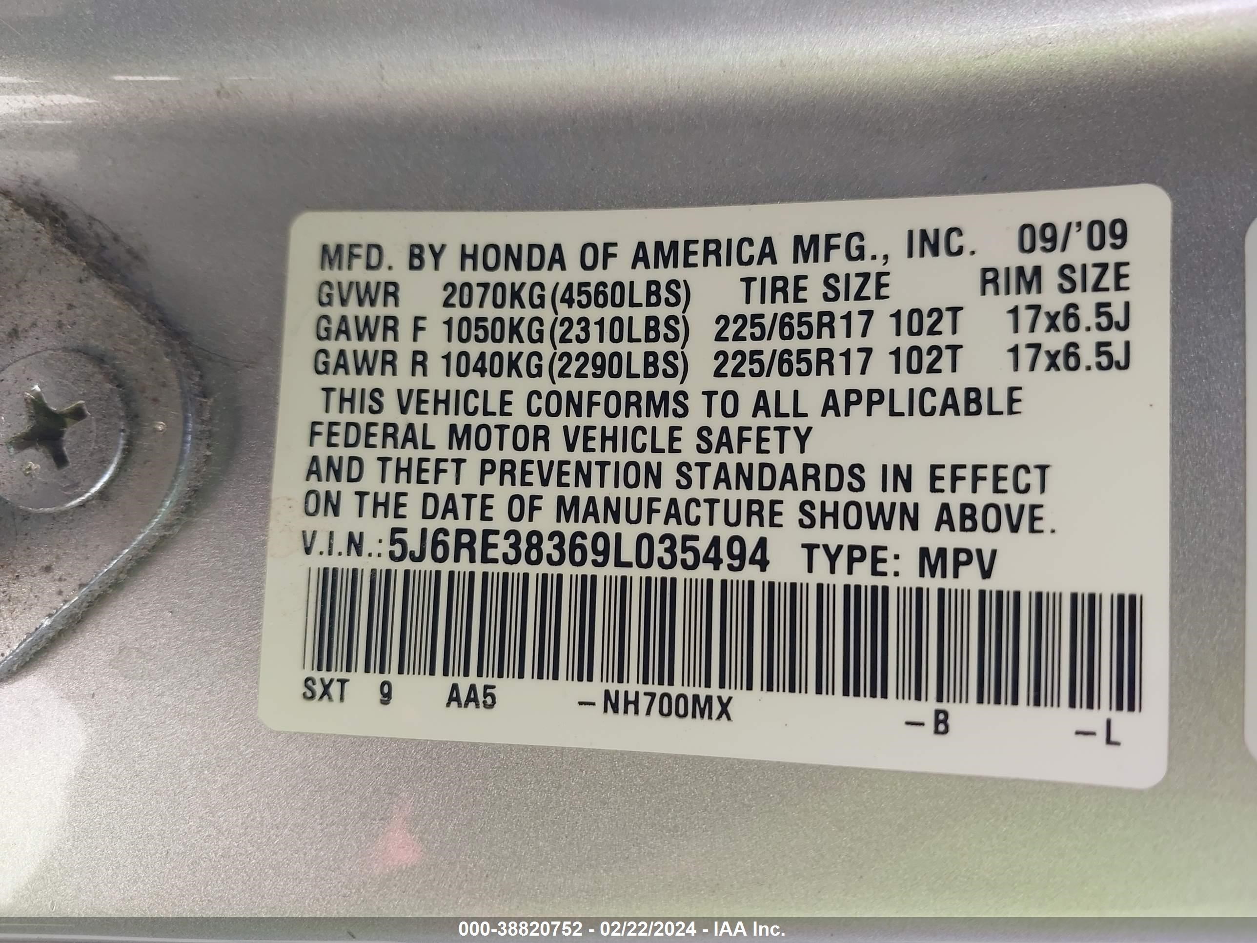 Photo 8 VIN: 5J6RE38369L035494 - HONDA CR-V 