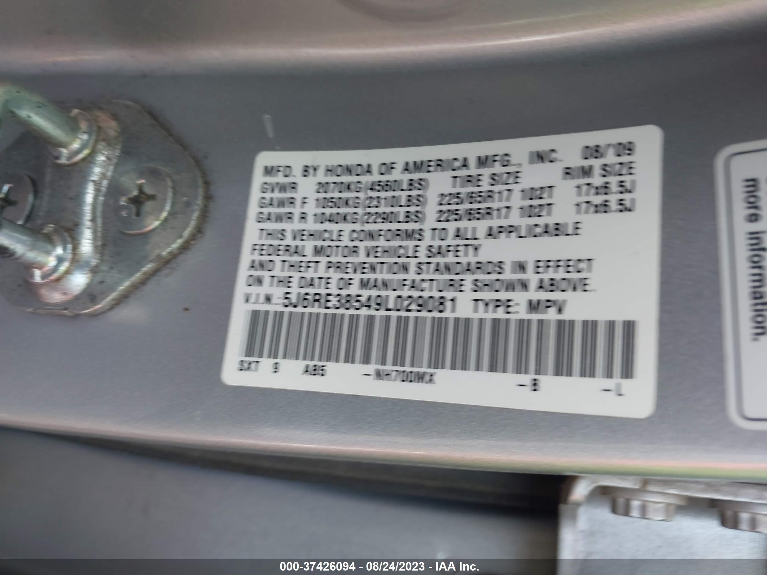 Photo 8 VIN: 5J6RE38549L029081 - HONDA CR-V 