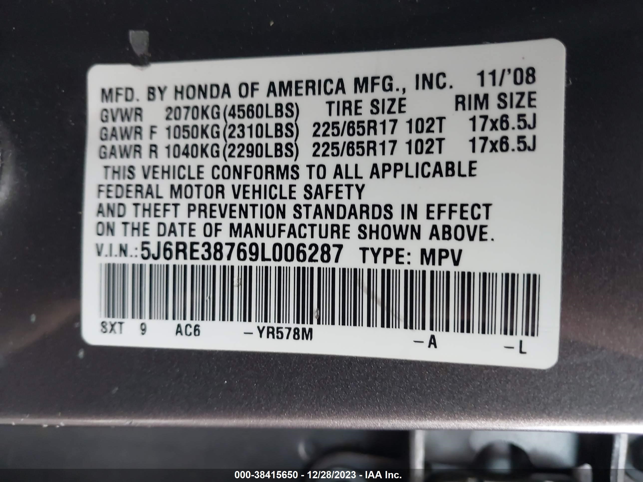 Photo 8 VIN: 5J6RE38769L006287 - HONDA CR-V 