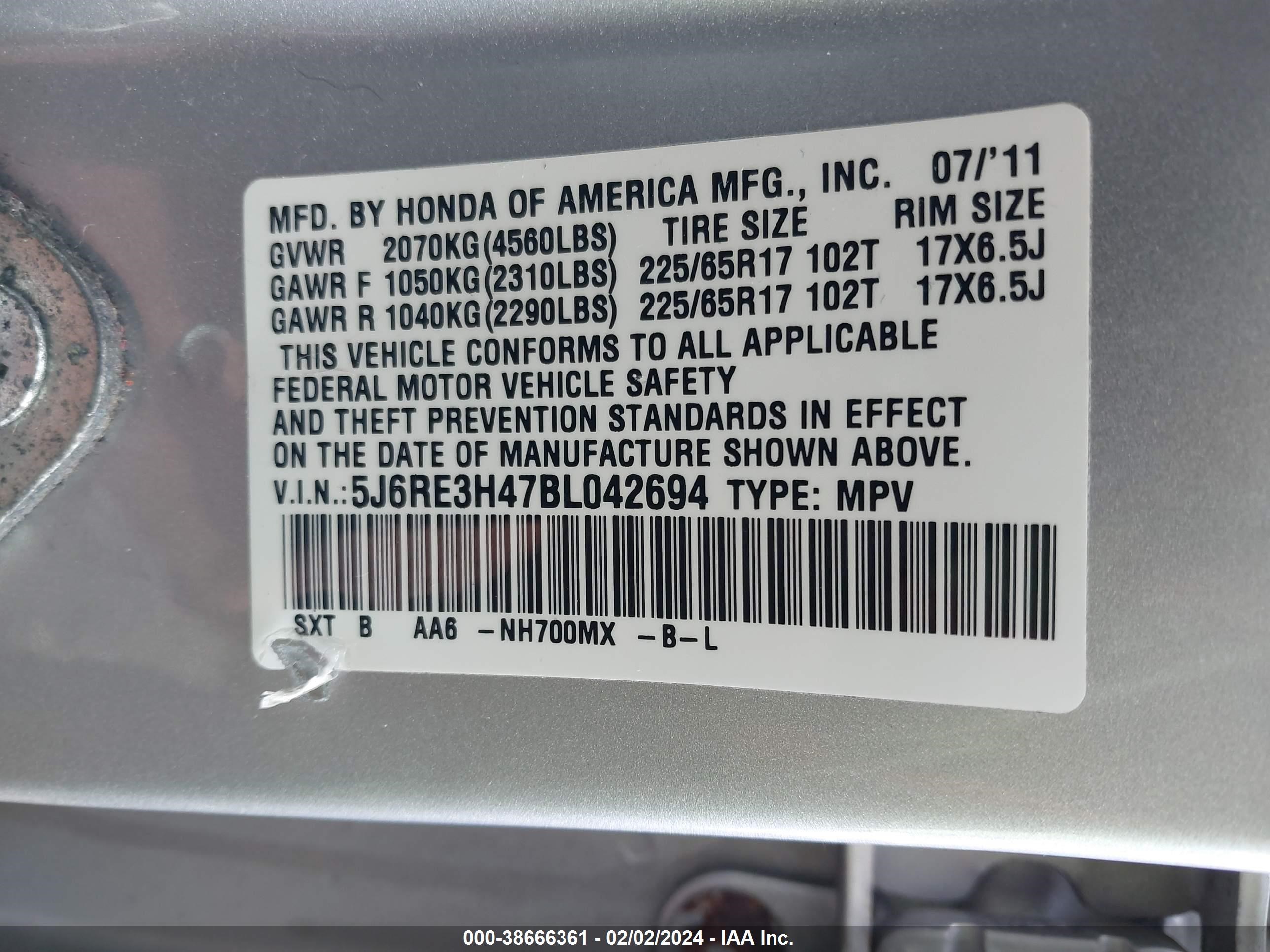 Photo 8 VIN: 5J6RE3H47BL042694 - HONDA CR-V 