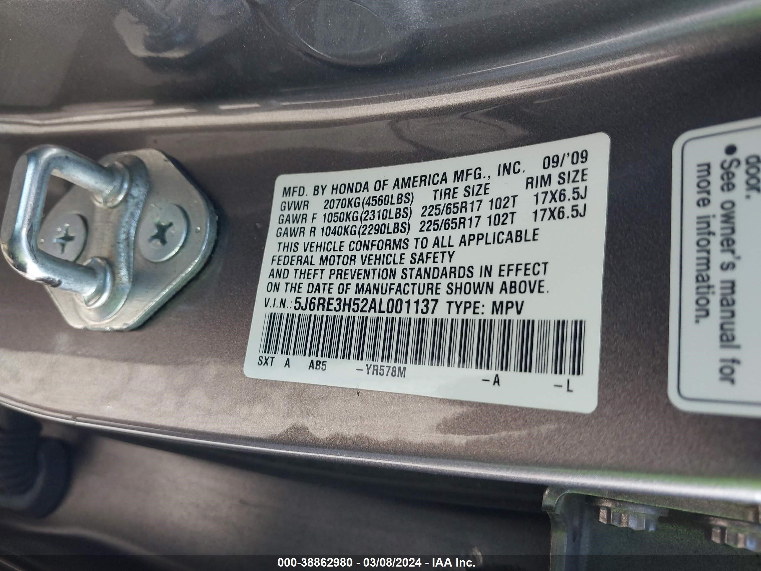 Photo 8 VIN: 5J6RE3H52AL001137 - HONDA CR-V 