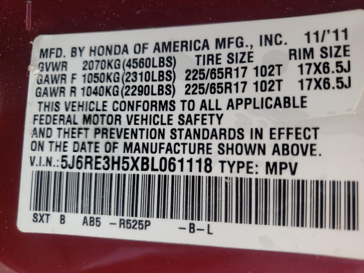 Photo 11 VIN: 5J6RE3H5XBL061118 - HONDA CR-V 