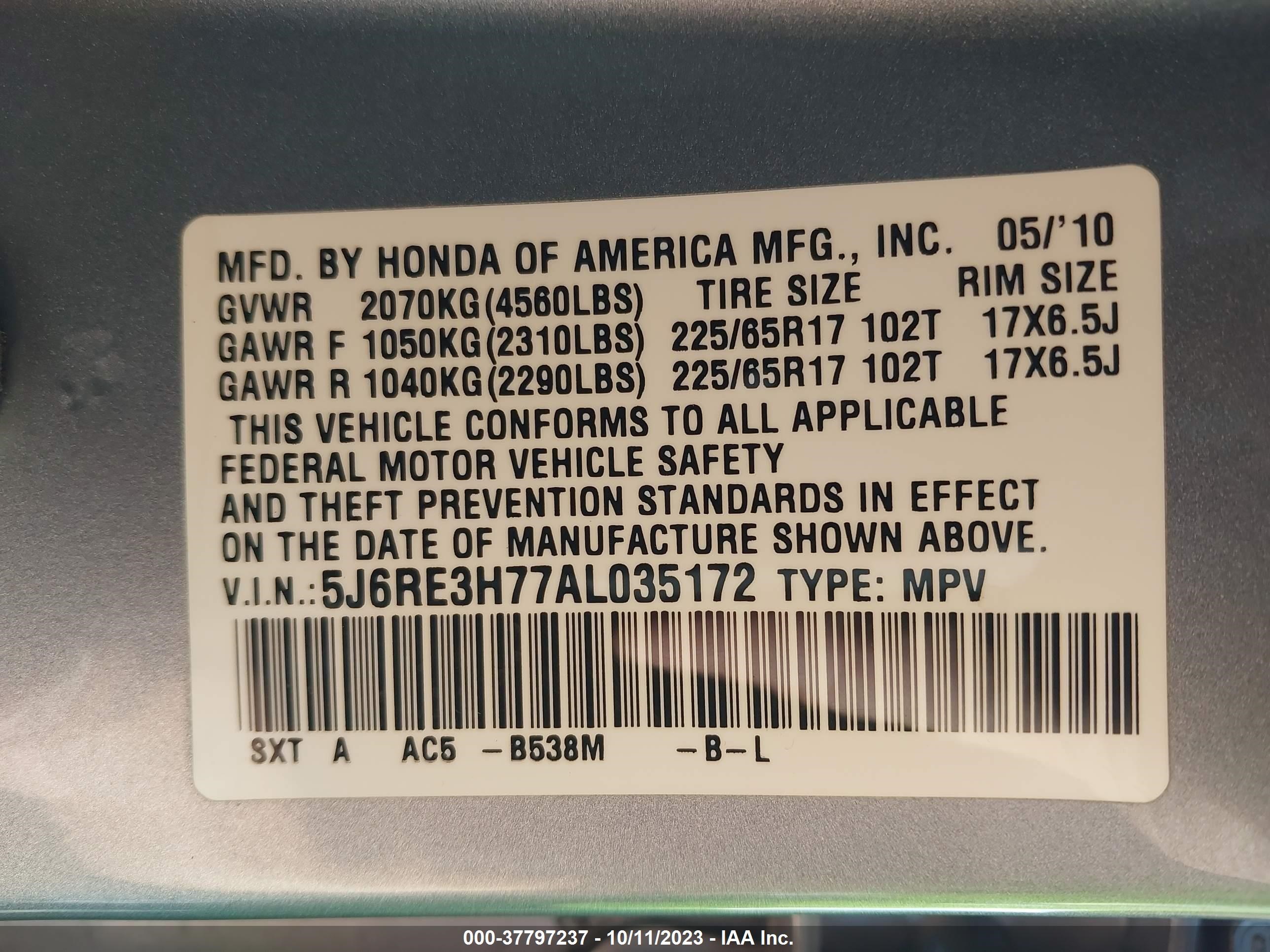 Photo 8 VIN: 5J6RE3H77AL035172 - HONDA CR-V 