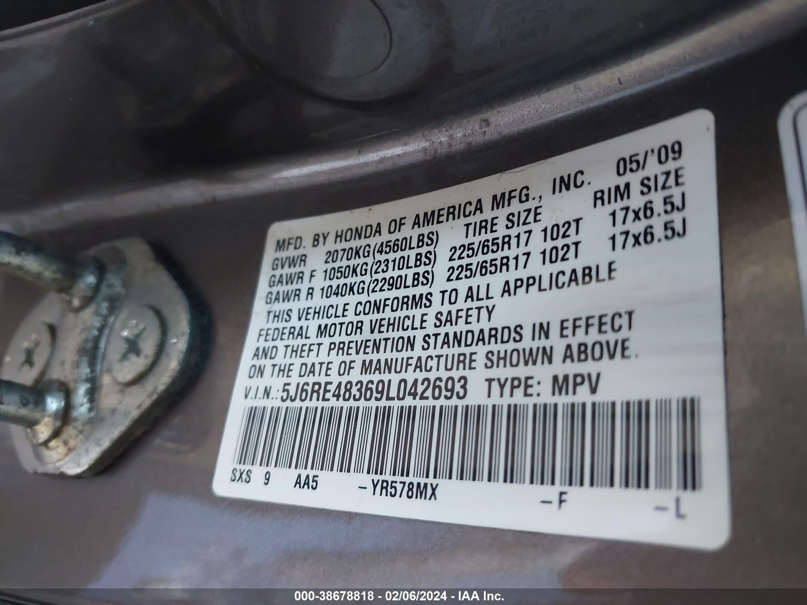 Photo 8 VIN: 5J6RE48369L042693 - HONDA CR-V 