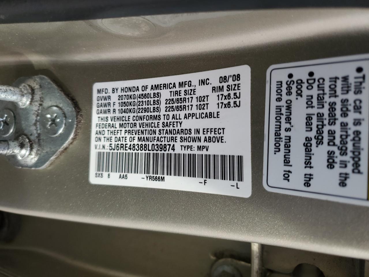 Photo 12 VIN: 5J6RE48388L039874 - HONDA CR-V 