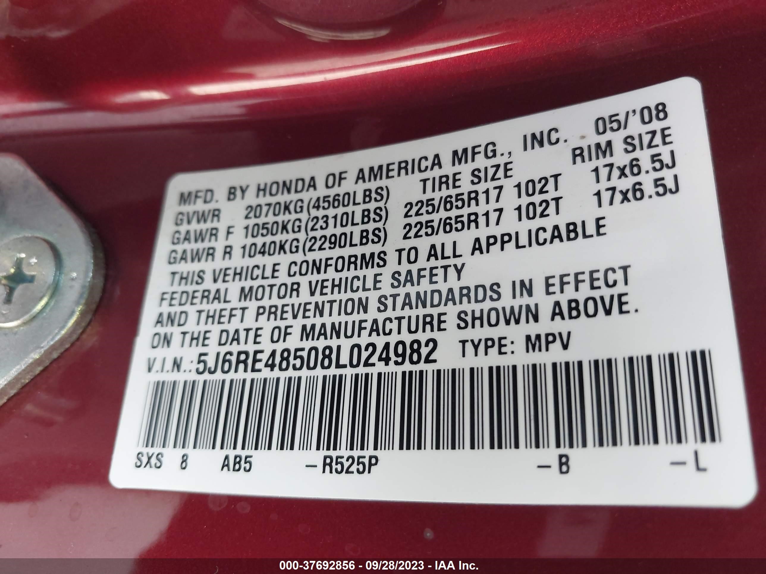 Photo 8 VIN: 5J6RE48508L024982 - HONDA CR-V 