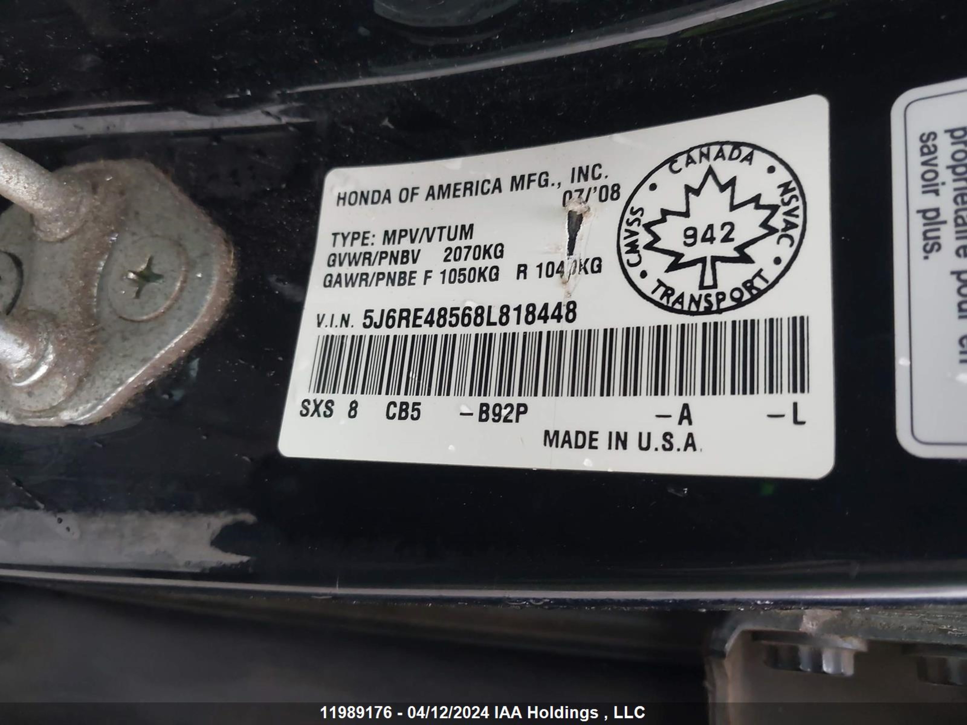 Photo 8 VIN: 5J6RE48568L818448 - HONDA CR-V 