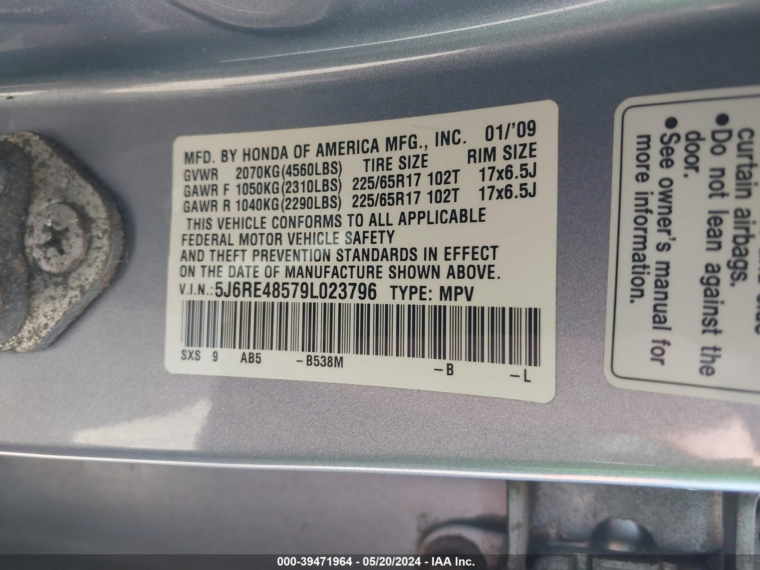 Photo 8 VIN: 5J6RE48579L023796 - HONDA CR-V 