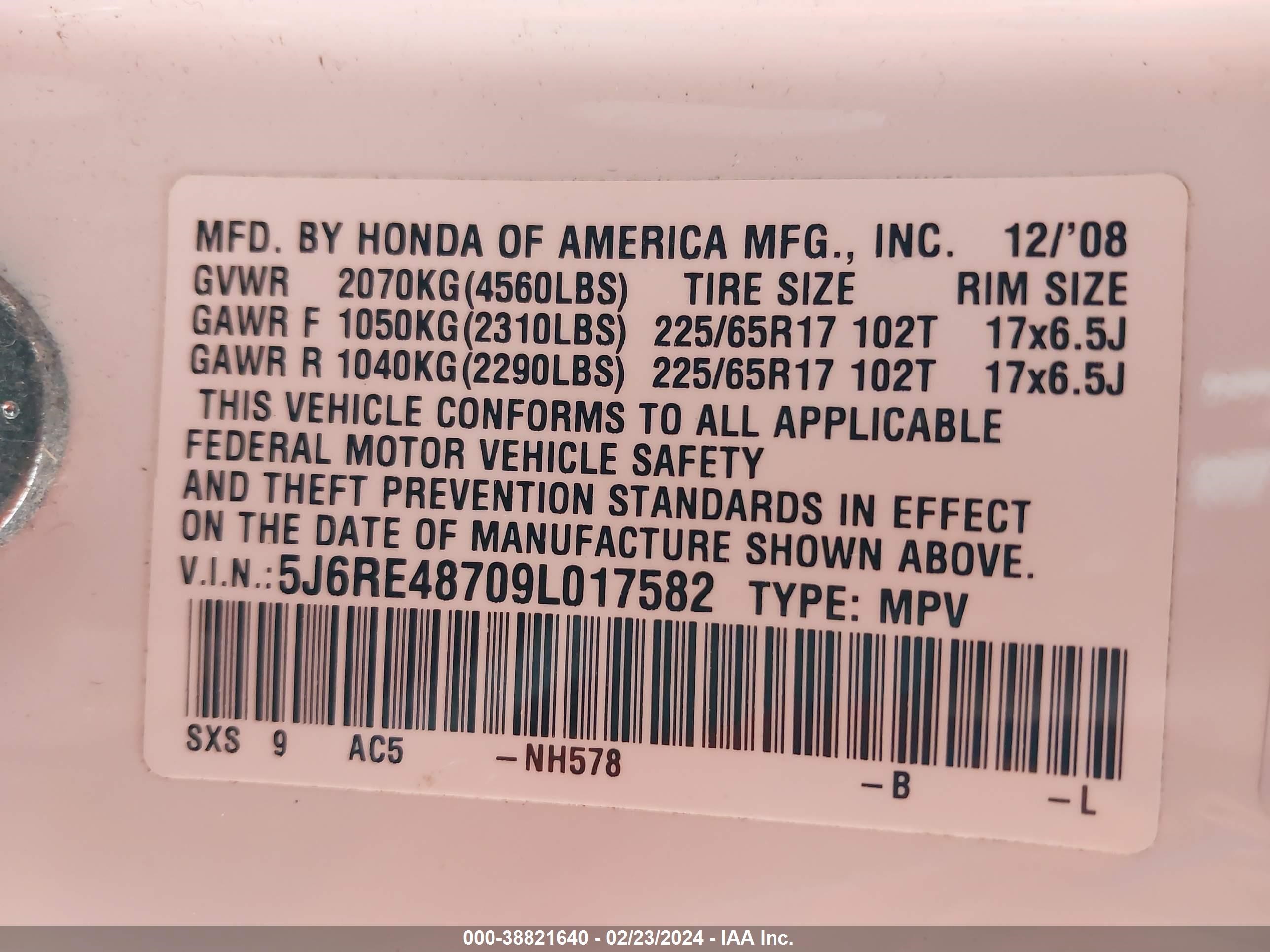 Photo 8 VIN: 5J6RE48709L017582 - HONDA CR-V 