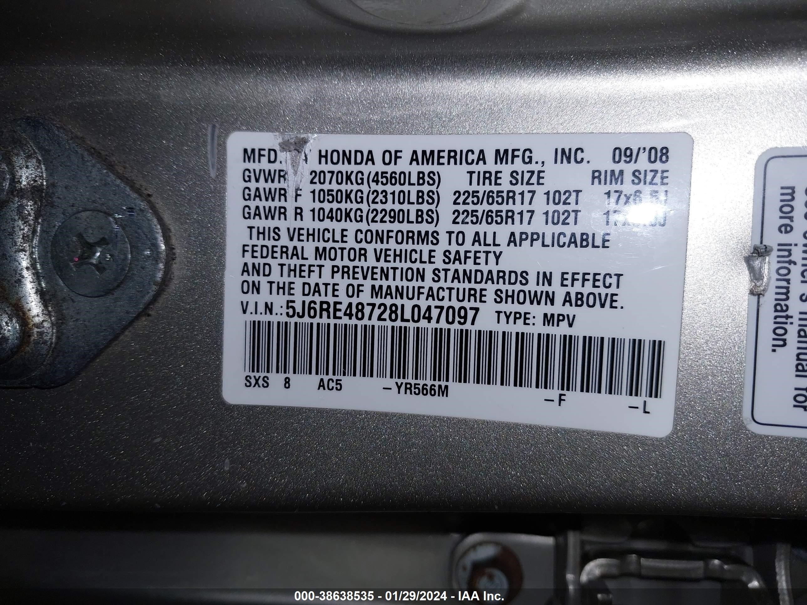 Photo 8 VIN: 5J6RE48728L047097 - HONDA CR-V 