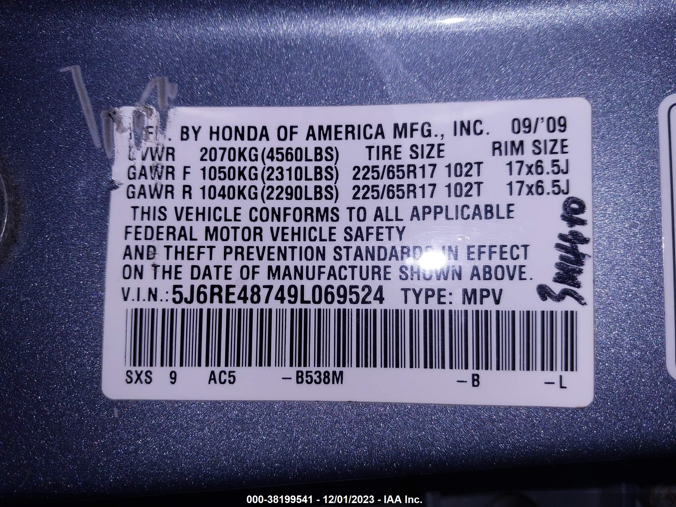 Photo 8 VIN: 5J6RE48749L069524 - HONDA CR-V 