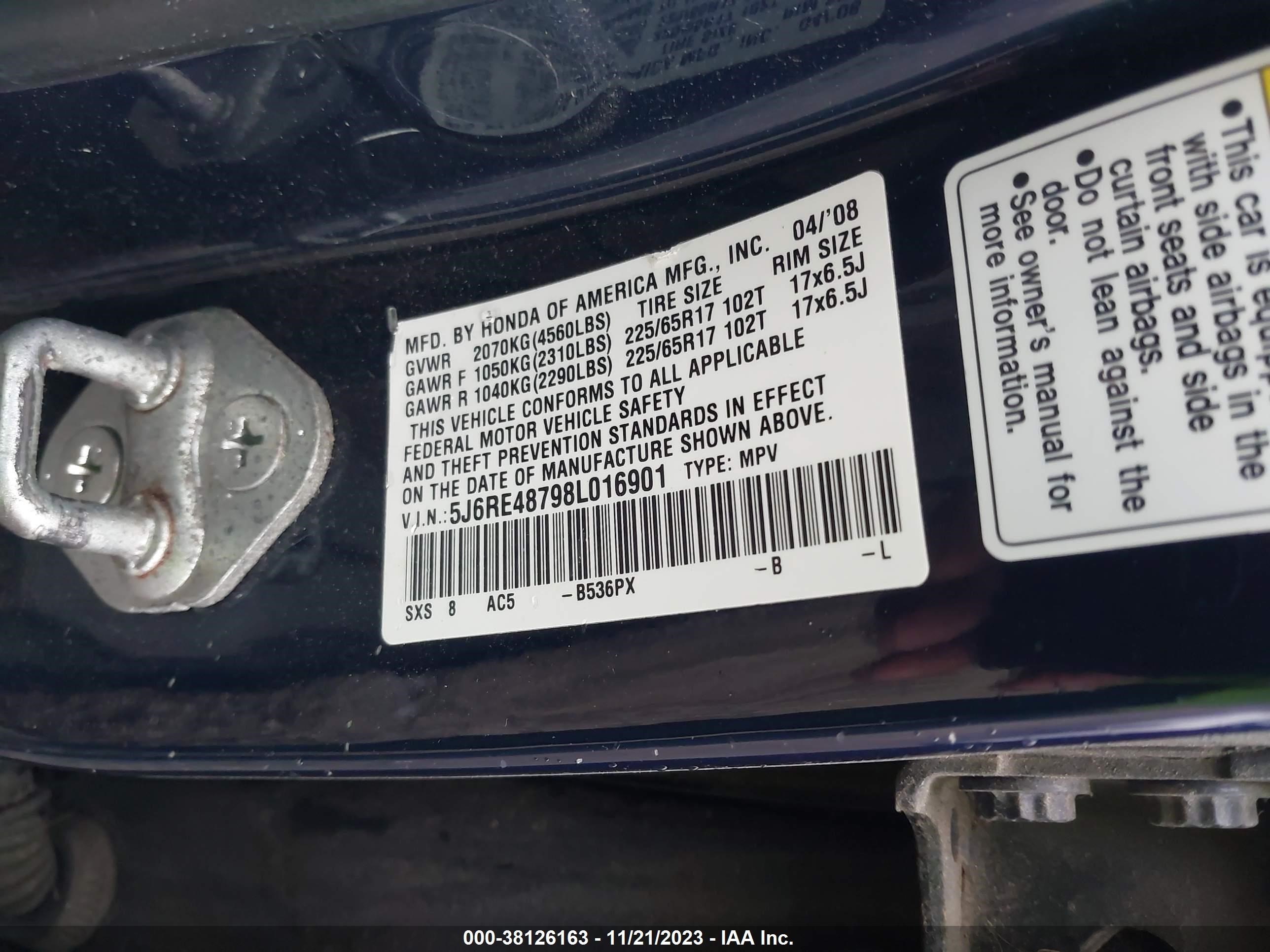 Photo 8 VIN: 5J6RE48798L016901 - HONDA CR-V 