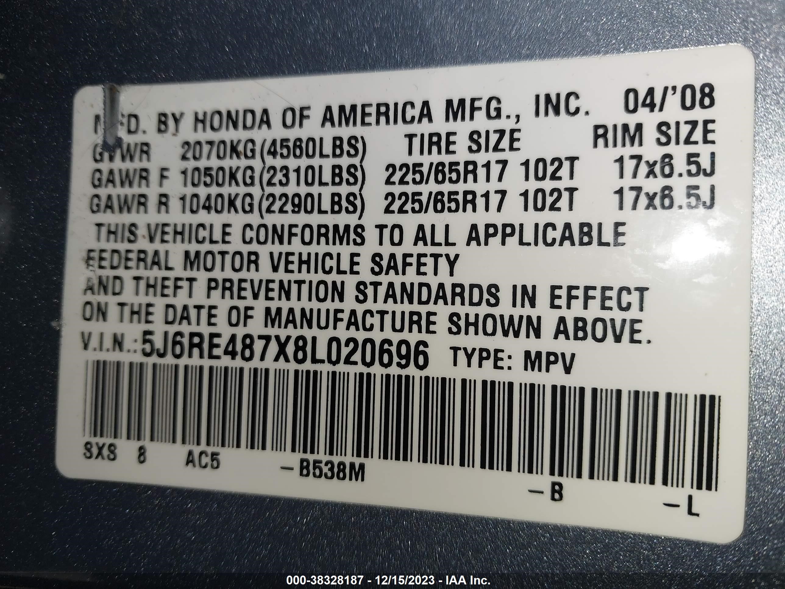 Photo 8 VIN: 5J6RE487X8L020696 - HONDA CR-V 