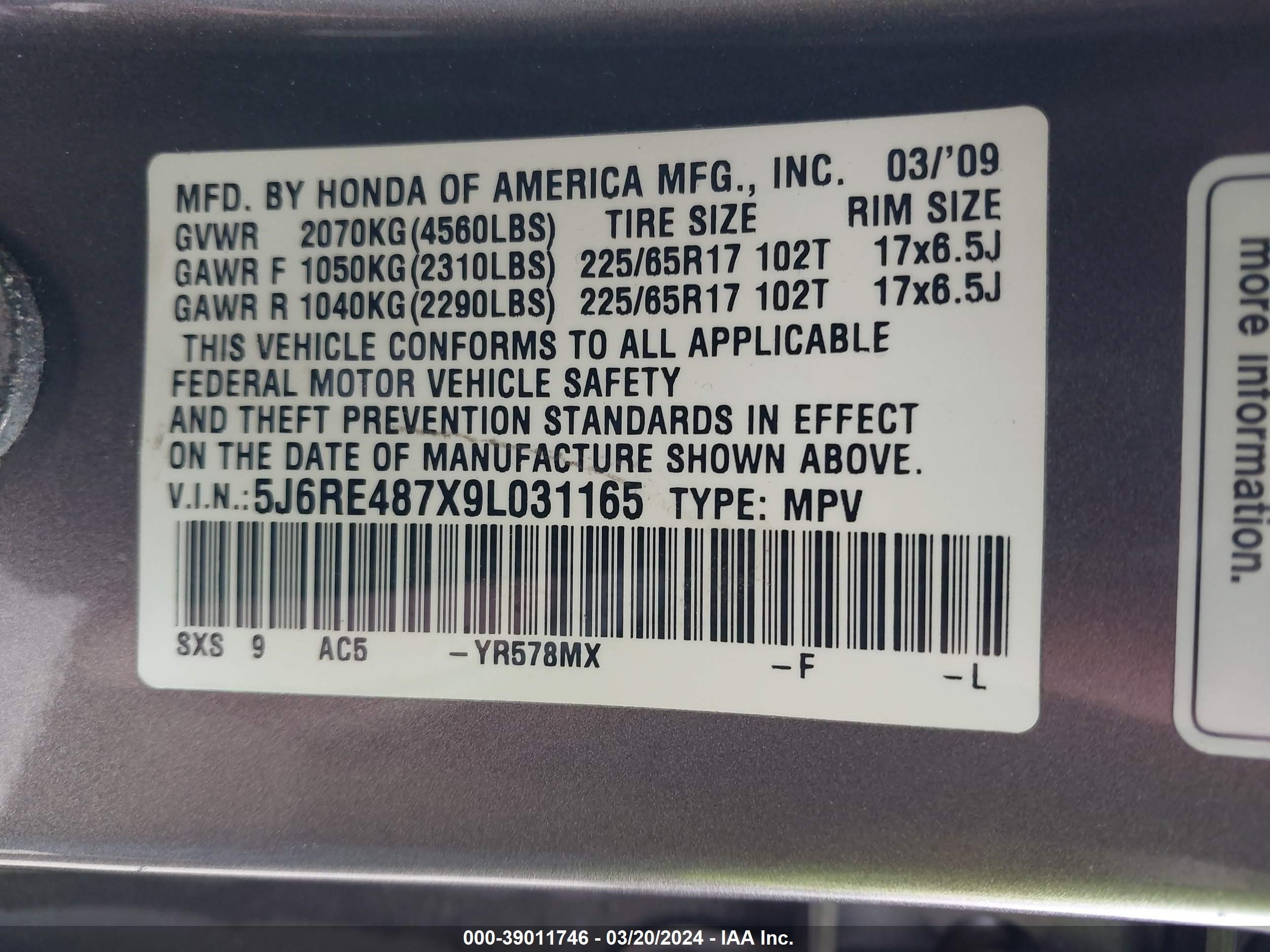 Photo 8 VIN: 5J6RE487X9L031165 - HONDA CR-V 