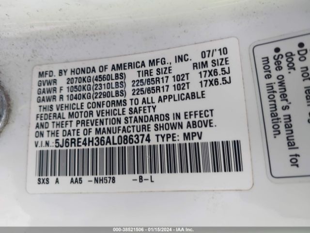 Photo 8 VIN: 5J6RE4H36AL086374 - HONDA CR-V 