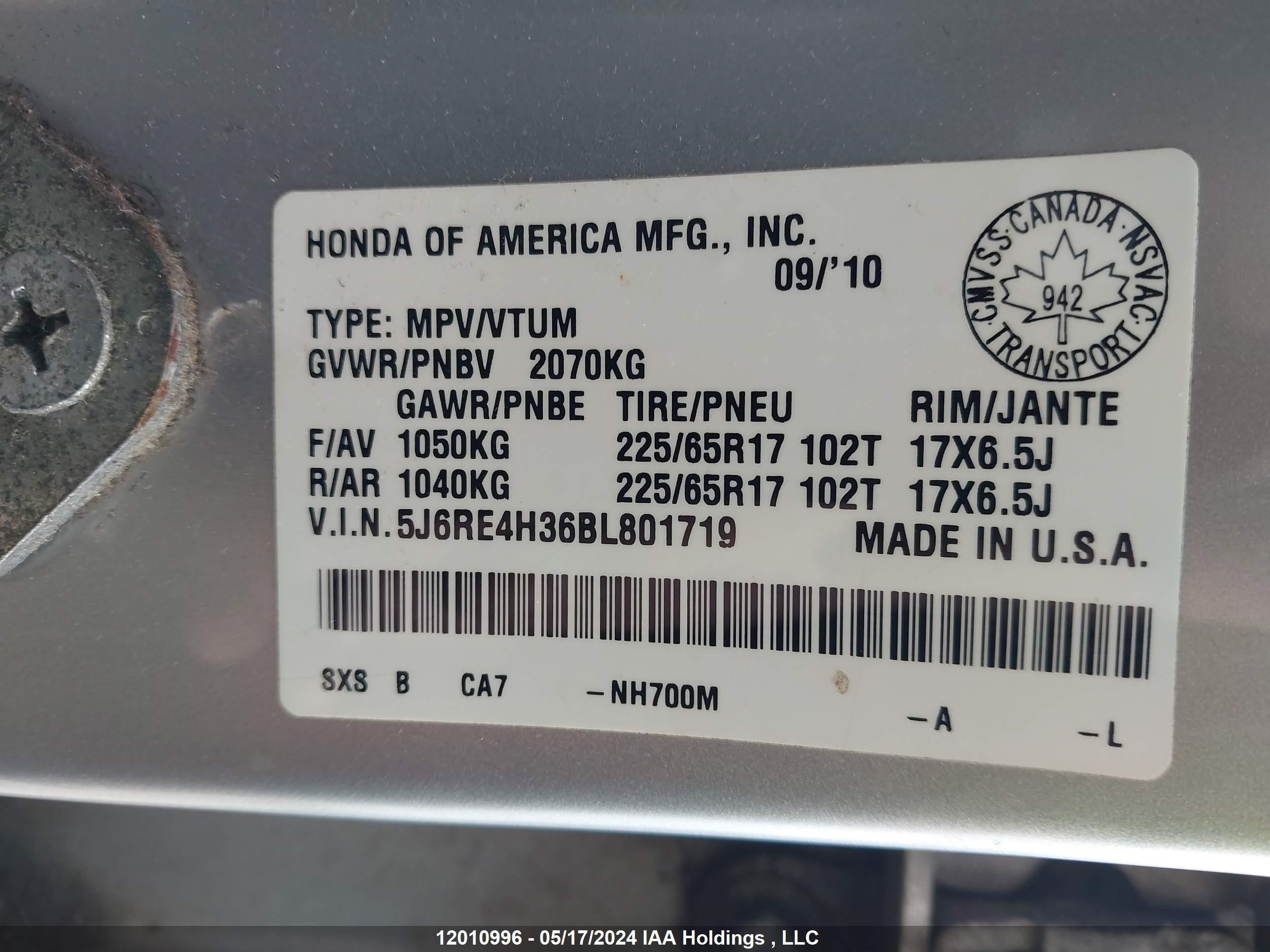 Photo 8 VIN: 5J6RE4H36BL801719 - HONDA CR-V 