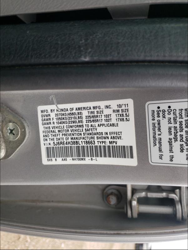 Photo 9 VIN: 5J6RE4H38BL118663 - HONDA CR-V LX 