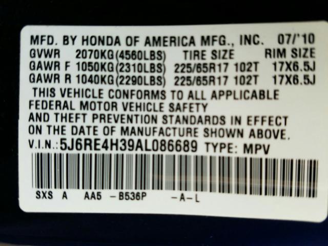 Photo 9 VIN: 5J6RE4H39AL086689 - HONDA CR-V LX 