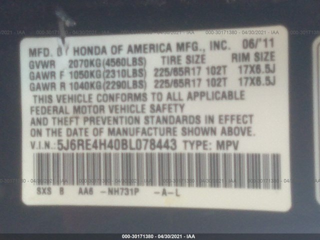 Photo 8 VIN: 5J6RE4H40BL078443 - HONDA CR-V 