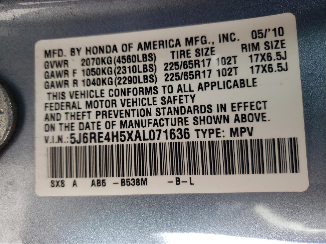 Photo 9 VIN: 5J6RE4H5XAL071636 - HONDA CR-V EX 