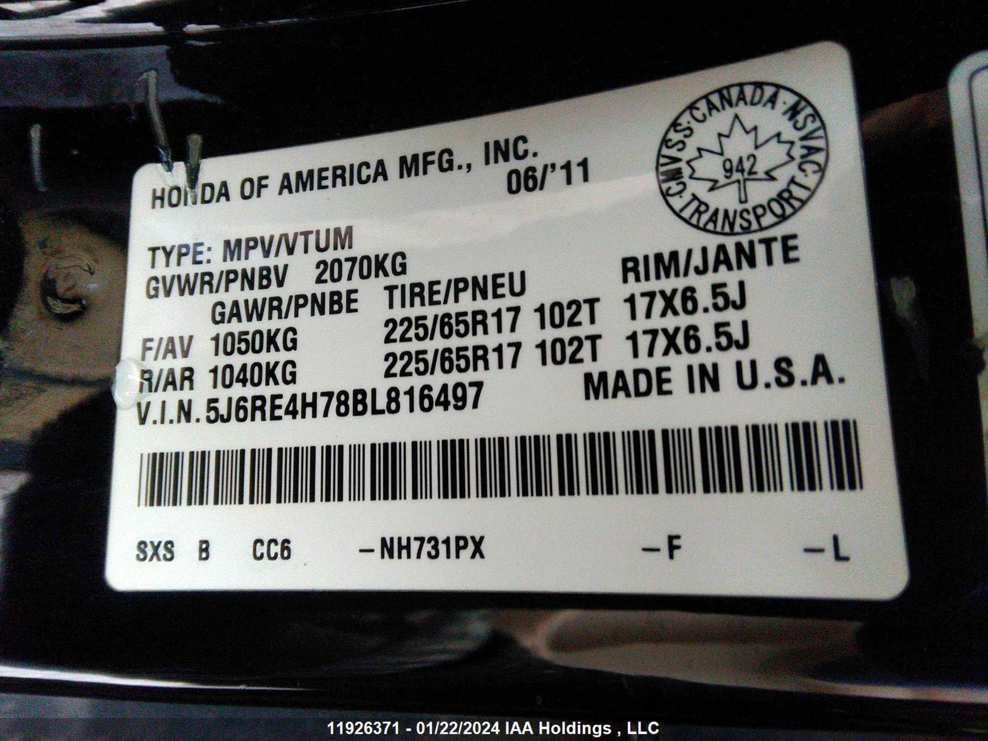 Photo 8 VIN: 5J6RE4H78BL816497 - HONDA CR-V 