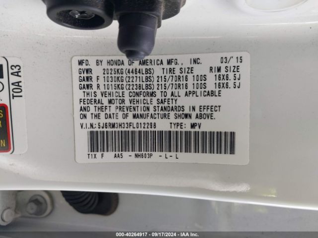 Photo 8 VIN: 5J6RM3H33FL012298 - HONDA CR-V LX 