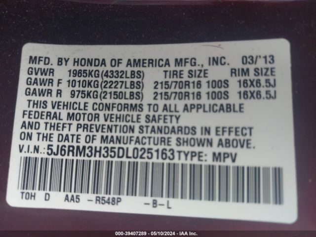 Photo 8 VIN: 5J6RM3H35DL025163 - HONDA CR-V 