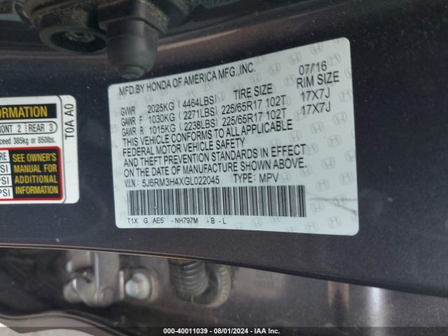 Photo 8 VIN: 5J6RM3H4XGL022045 - HONDA CR-V 