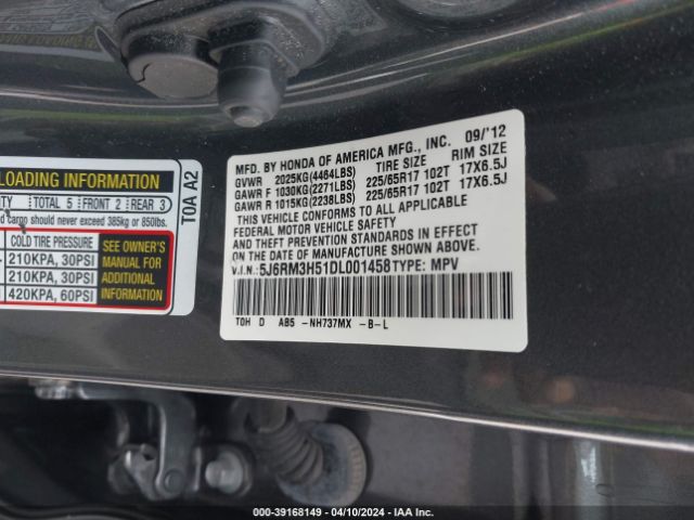 Photo 8 VIN: 5J6RM3H51DL001458 - HONDA CR-V 