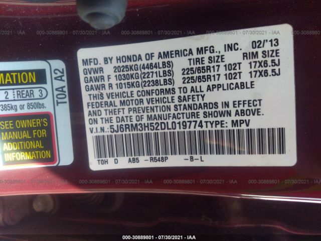 Photo 8 VIN: 5J6RM3H52DL019774 - HONDA CR-V 