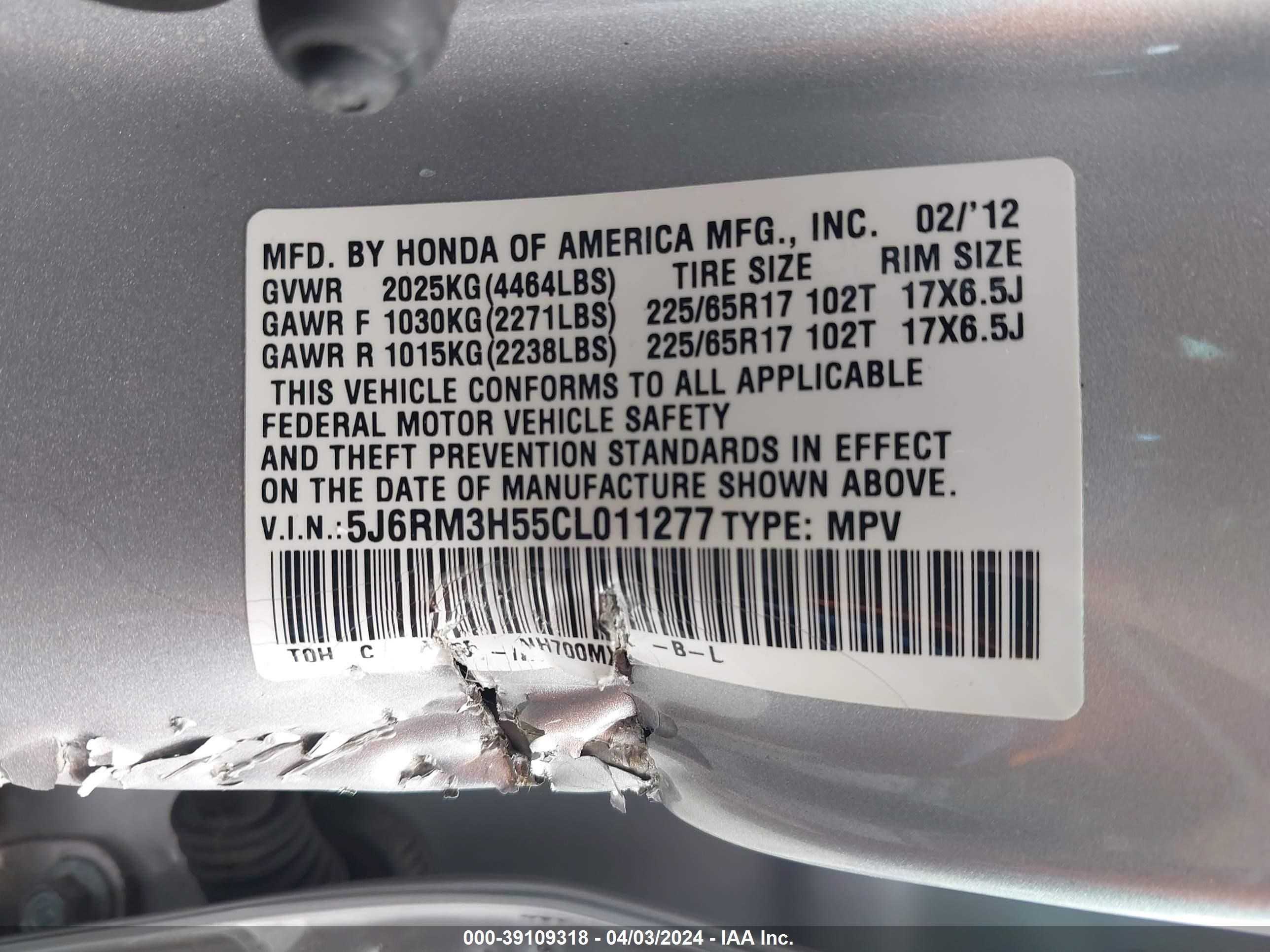 Photo 8 VIN: 5J6RM3H55CL011277 - HONDA CR-V 