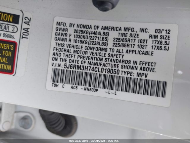 Photo 8 VIN: 5J6RM3H74CL019050 - HONDA CR-V 