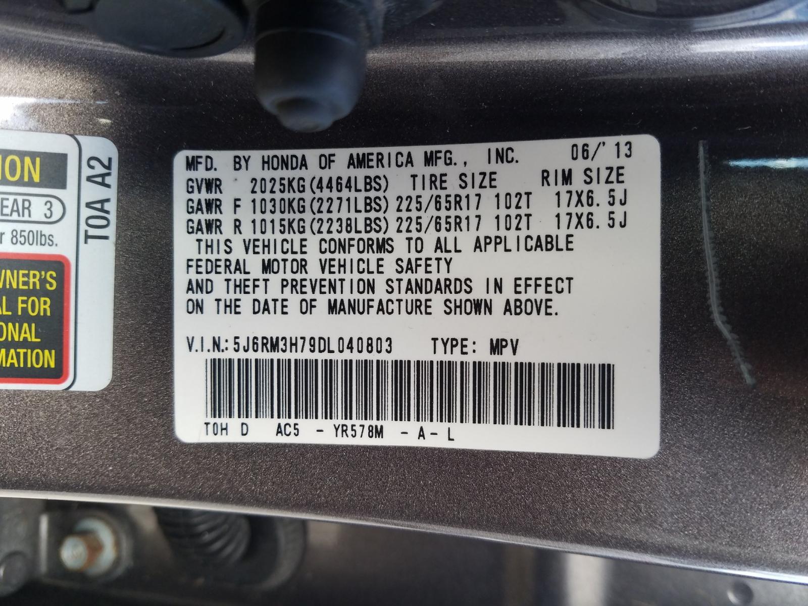 Photo 9 VIN: 5J6RM3H79DL040803 - HONDA CR-V EXL 