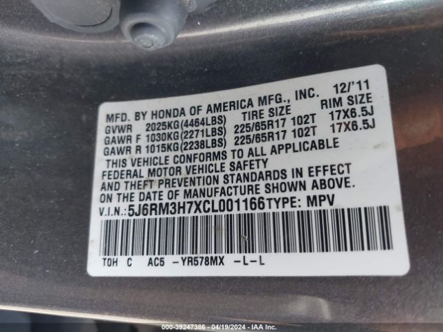 Photo 8 VIN: 5J6RM3H7XCL001166 - HONDA CR-V 