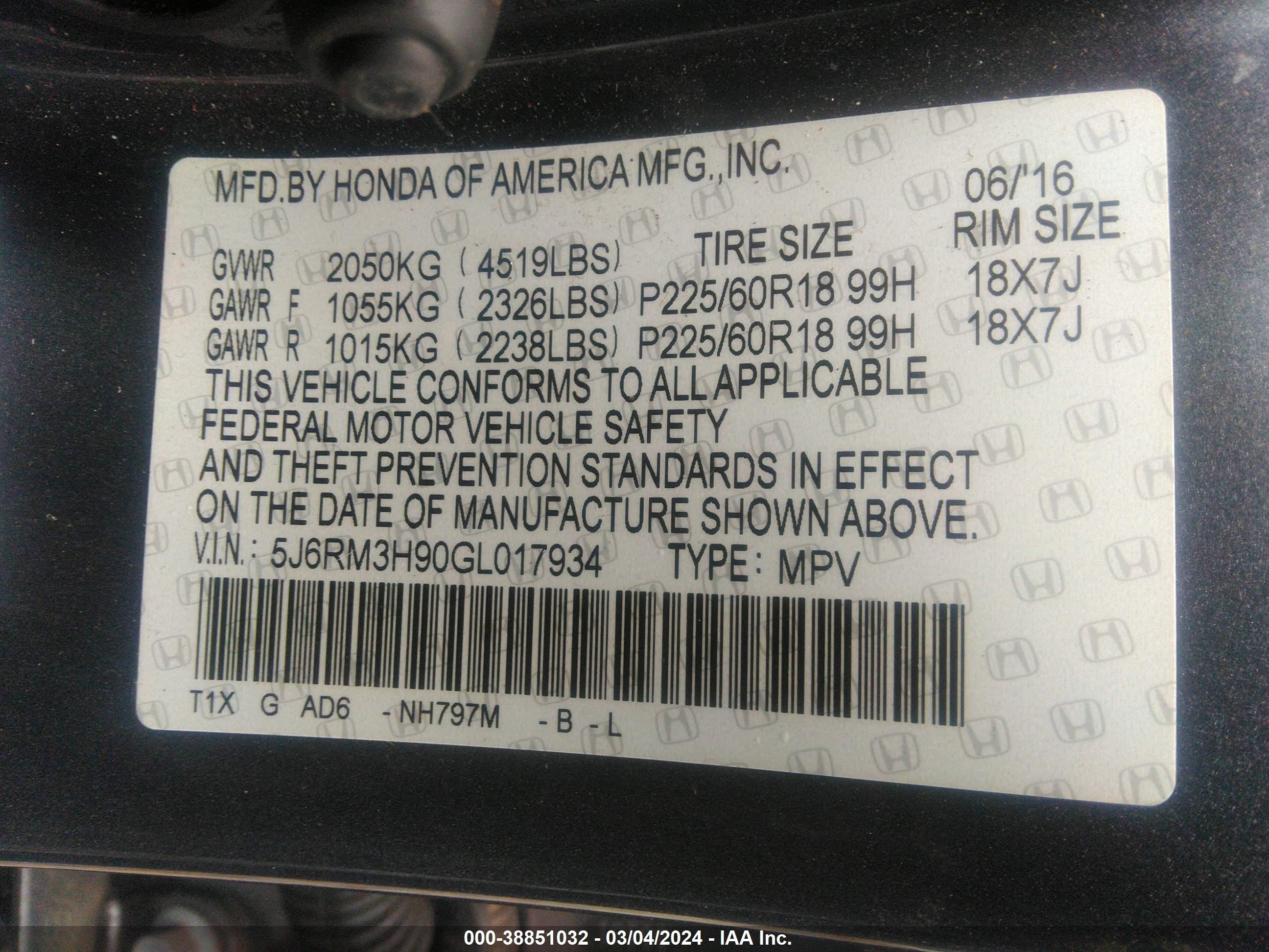 Photo 8 VIN: 5J6RM3H90GL017934 - HONDA CR-V 