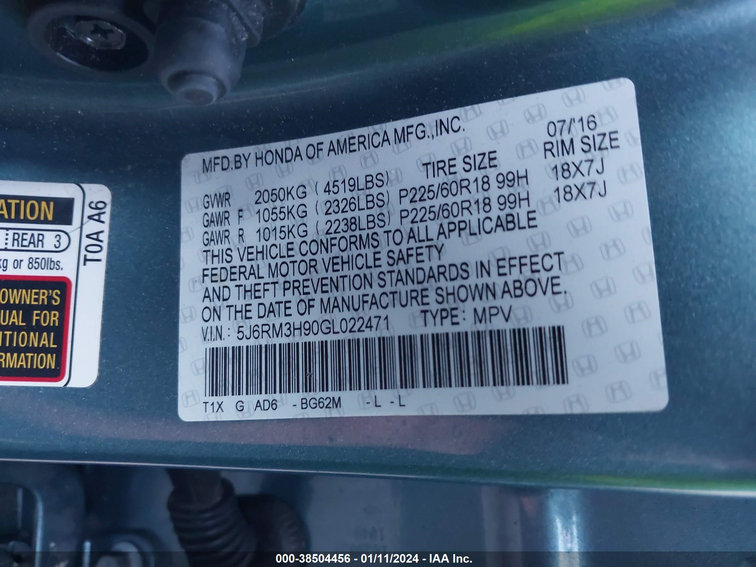 Photo 8 VIN: 5J6RM3H90GL022471 - HONDA CR-V 