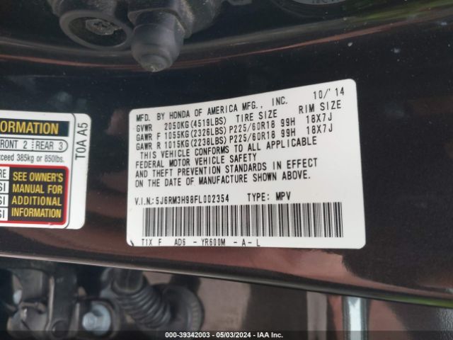 Photo 8 VIN: 5J6RM3H98FL002354 - HONDA CR-V 