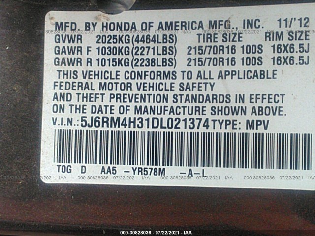 Photo 8 VIN: 5J6RM4H31DL021374 - HONDA CR-V 