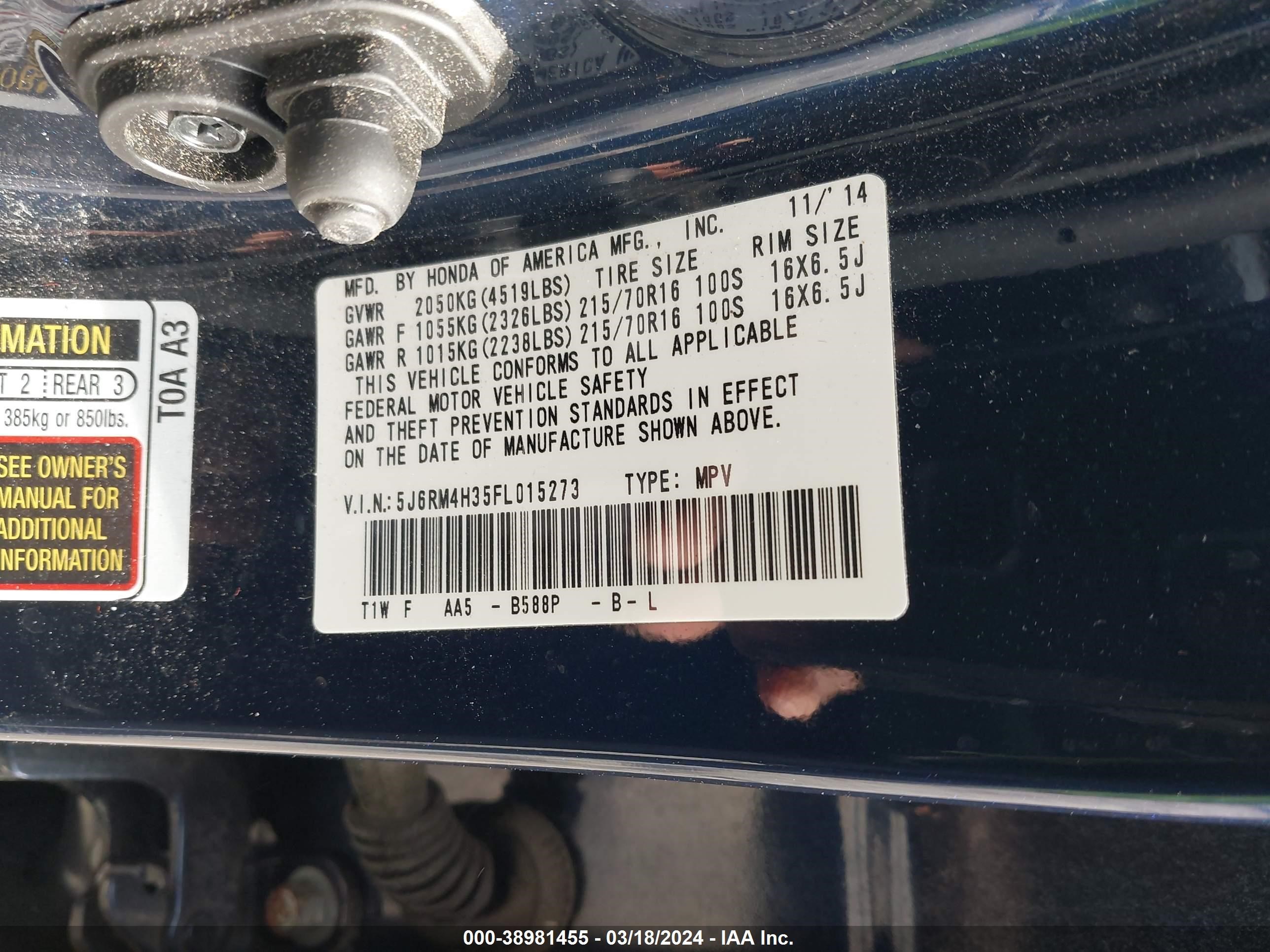 Photo 8 VIN: 5J6RM4H35FL015273 - HONDA CR-V 