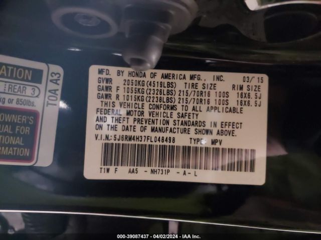 Photo 8 VIN: 5J6RM4H37FL048498 - HONDA CR-V 