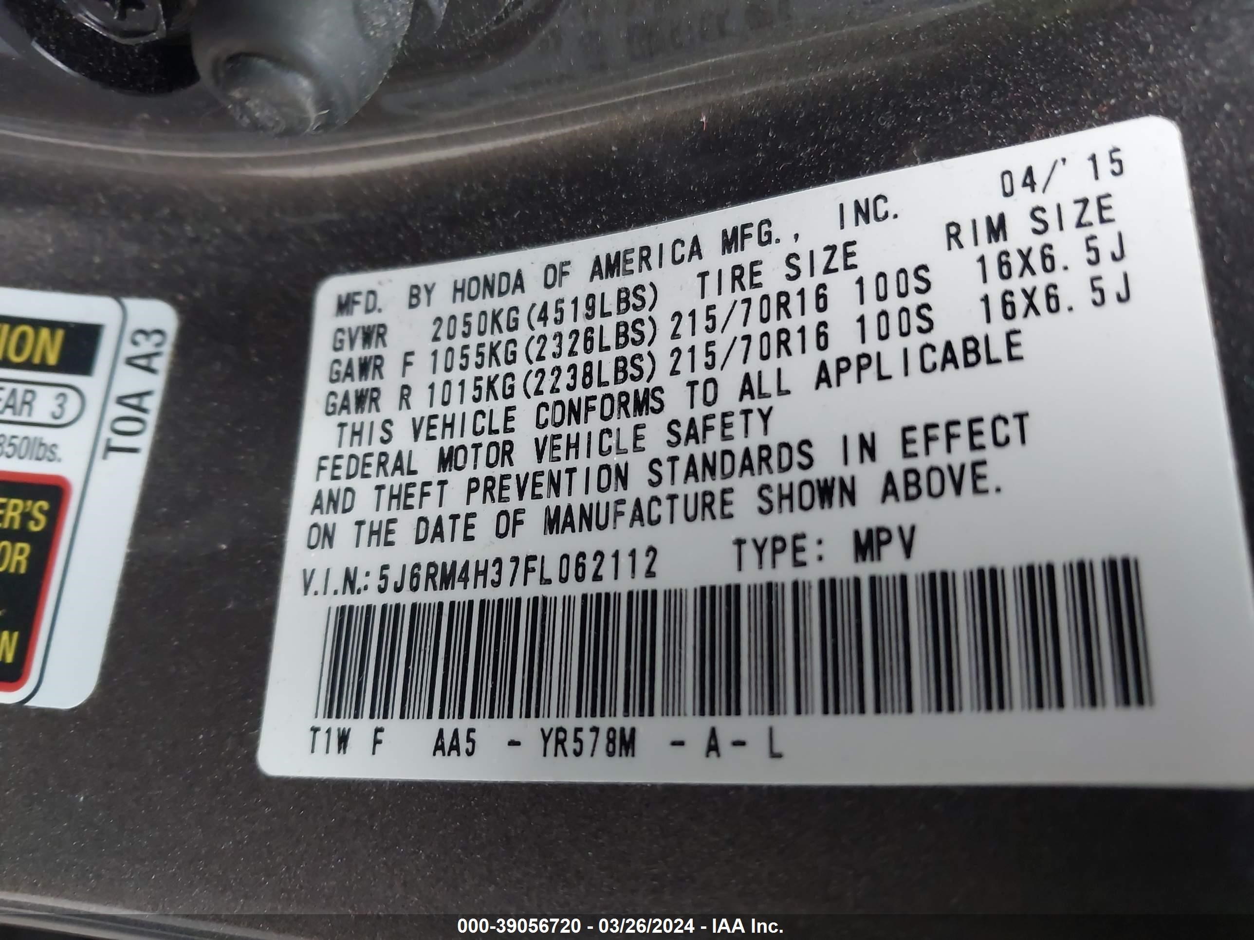 Photo 8 VIN: 5J6RM4H37FL062112 - HONDA CR-V 