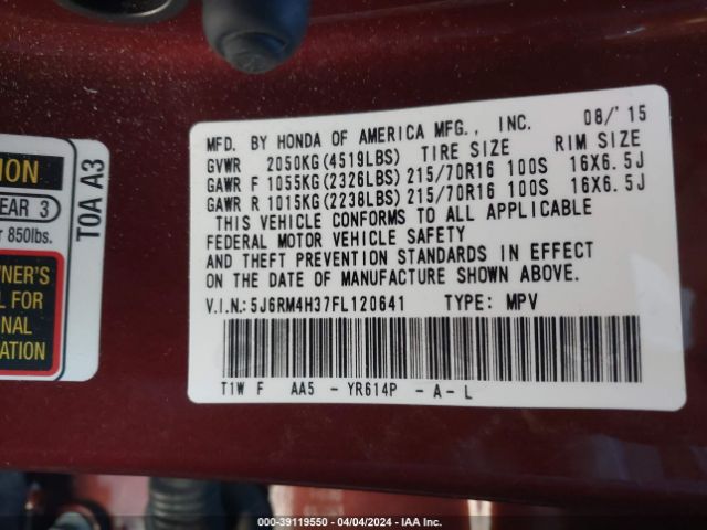 Photo 8 VIN: 5J6RM4H37FL120641 - HONDA CR-V 