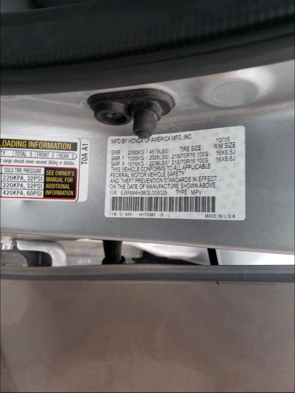 Photo 9 VIN: 5J6RM4H38GL005029 - HONDA CR-V LX 