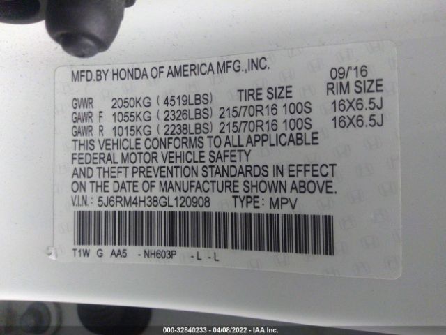 Photo 8 VIN: 5J6RM4H38GL120908 - HONDA CR-V 