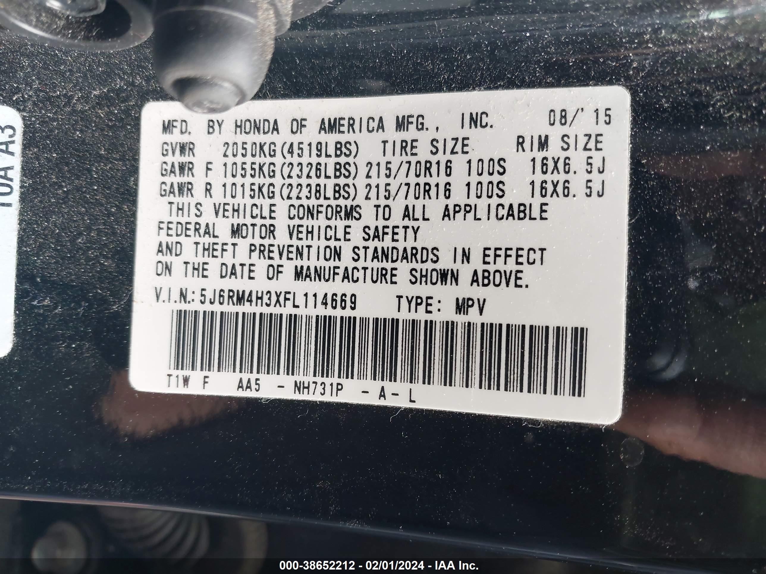 Photo 8 VIN: 5J6RM4H3XFL114669 - HONDA CR-V 