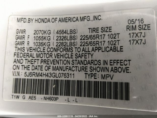 Photo 8 VIN: 5J6RM4H43GL076311 - HONDA CR-V 