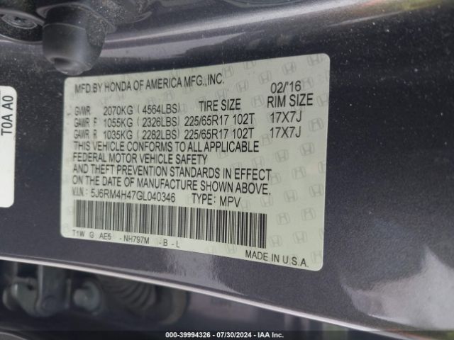 Photo 8 VIN: 5J6RM4H47GL040346 - HONDA CR-V 