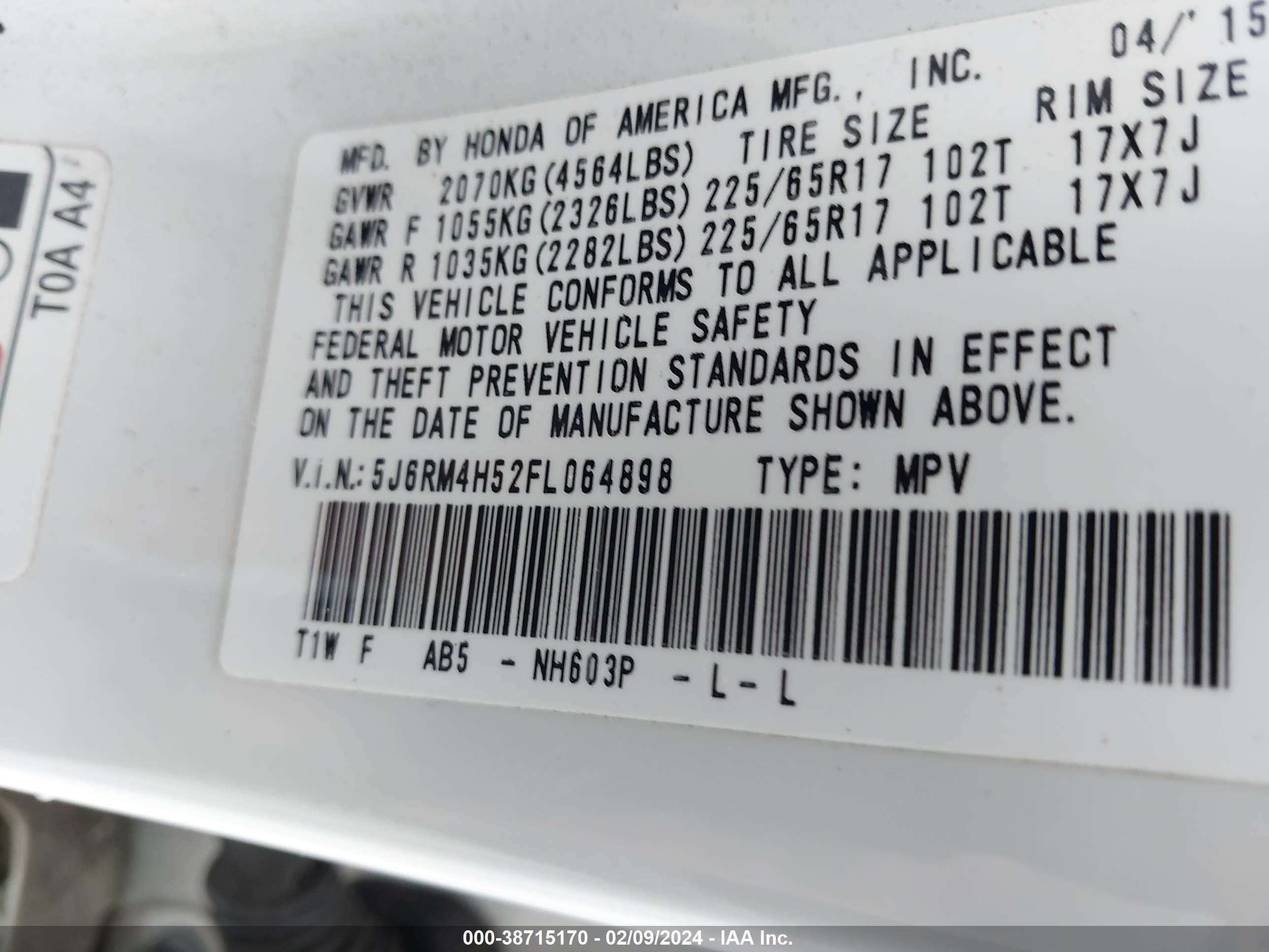 Photo 8 VIN: 5J6RM4H52FL064898 - HONDA CR-V 