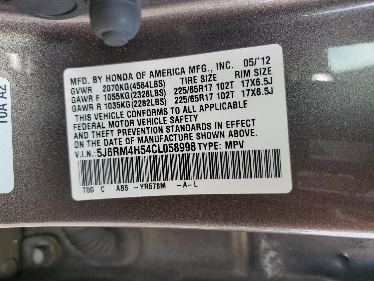 Photo 11 VIN: 5J6RM4H54CL058998 - HONDA CR-V 